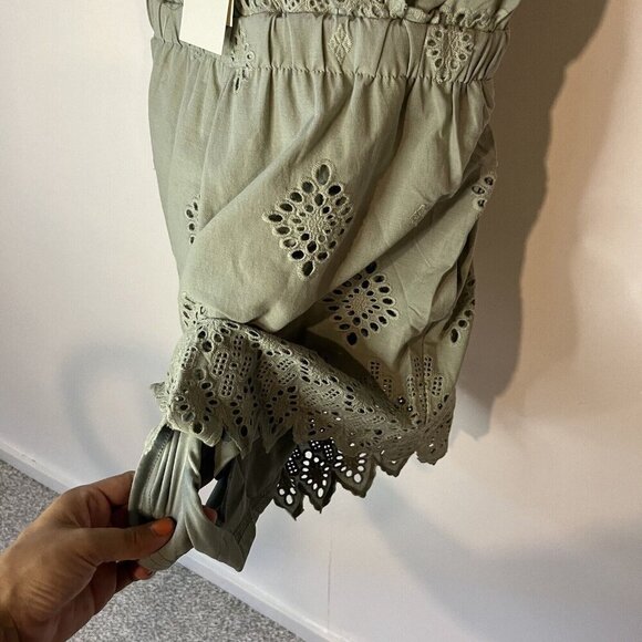 MISS ME Womens Green Romper Embroidered shorts sleeveless M scalloped feminine - Picture 4 of 10